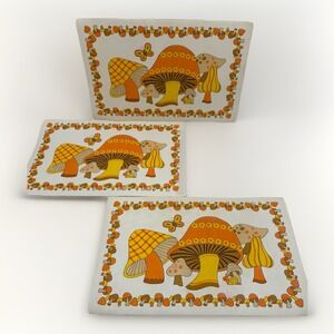 3- Merry Mushroom Vinyl Placemats 1970's Vintage Retro Mod Orange Yellow